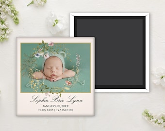 3" Square Woodland Baby Birth Announcement Photo Magnet Button