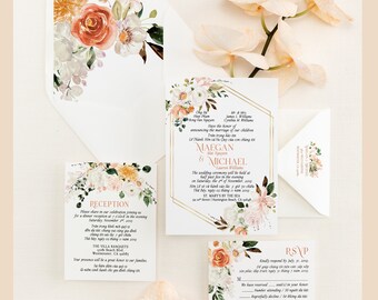 May include: Wedding invitation suite with floral designs in shades of peach, pink, and white. The invitation features a gold hexagonal frame with the couple's names, "Maegan & Michael", and wedding date. The reception card includes details about the reception location and time. The RSVP card includes a response deadline and contact information.