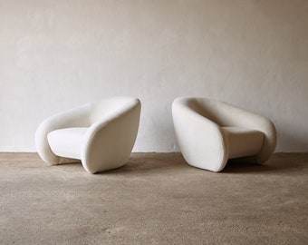 Superb Curved Lounge Chairs, Newly Upholstered in Alpaca, Italy