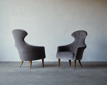 Pair of Kerstin Horlin Holmquist Stora Eva Chairs, new Mohair, 1950s, Sweden