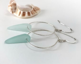 Crescent Moon | Silver Hoop Beach Tumbled Sea Glass Earrings | Handmade Unique Jewelry | Past Life Jewelry, Always one of a kind