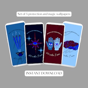 May include: Set of four phone wallpapers with protection and magic themes. Each phone displays a unique design: incense, an eye with starburst, two hands with eyes, and a blue and red abstract shape. Text includes "MAGIC IS NOT SOMETHING I DO" and "it's who I am."