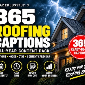 Può includere: Un pacchetto di contenuti di marketing digitale per aziende di coperture con il testo 365 ROOFING CAPTIONS FULL-YEAR CONTENT PACK. L'immagine mostra una casa di notte sotto un temporale, quattro icone circolari gialle e un badge rosso con 365.