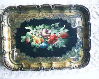 Vintage Florentine tray in wood Italian tray handcrafted antiquity hand painted black with flowers