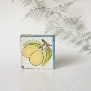 Handmade vintage ceramic tile hand-painted plants lemons citrus decoration, decorative tile image 2