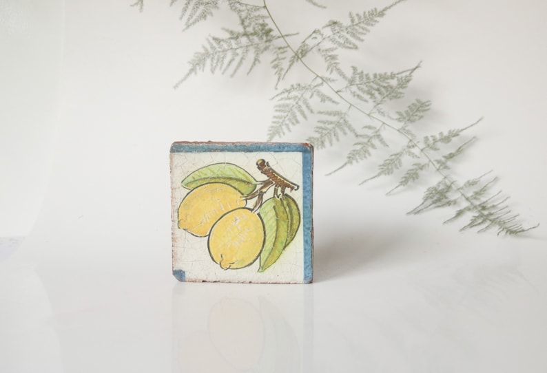 Handmade vintage ceramic tile hand-painted plants lemons citrus decoration, decorative tile image 2