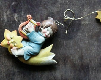 Rare wooden Christmas ornament, small handmade sculpture Juan Ferrandiz, angel with zither rides Star comet handmade ANRI