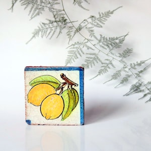 Handmade vintage ceramic tile hand-painted plants lemons citrus decoration, decorative tile image 1
