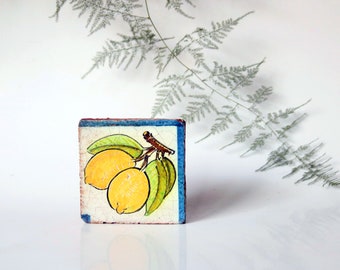 Handmade vintage ceramic tile hand-painted plants lemons citrus decoration, decorative tile