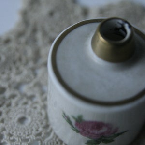 Rare Antique Vintage Feather Ink, White Porcelain Ink Container, Porcelain with Ornate Pink, Golden Border, 1920s image 5