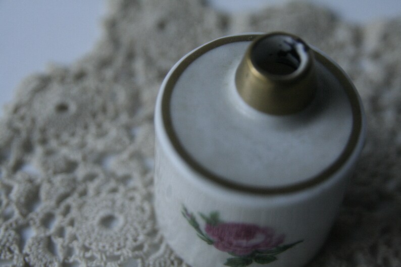 Rare Antique Vintage Feather Ink, White Porcelain Ink Container, Porcelain with Ornate Pink, Golden Border, 1920s image 5