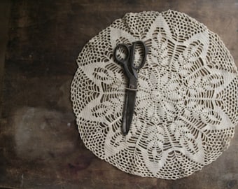 Handmade vintage cotton yarn doily, medium sized Centrino, Ecru beige colour