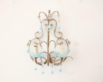 Antique wall lamp in glass and metal, drops of blue glass, antique lamp, antique lighting