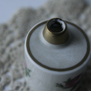 Rare Antique Vintage Feather Ink, White Porcelain Ink Container, Porcelain with Ornate Pink, Golden Border, 1920s image 7