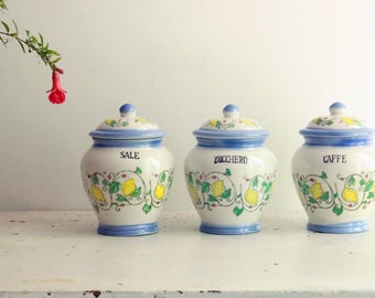 Discounted 10% discount Set of vintage kitchen spice jars, written indication salt, sugar and coffee, porcelain with lemon citrus decorations