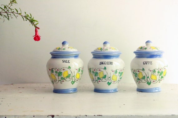 Discounted 10% Discount Set of Vintage Kitchen Spice Jars, Written  Indication Salt, Sugar and Coffee, Porcelain With Lemon Citrus Decorations  