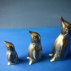 Set of 3 gold plated brass penguins, vintage ornament