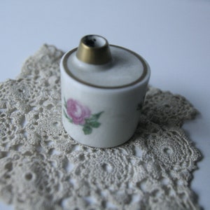 Rare Antique Vintage Feather Ink, White Porcelain Ink Container, Porcelain with Ornate Pink, Golden Border, 1920s image 2