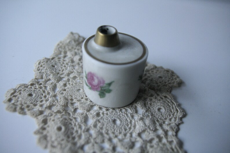 Rare Antique Vintage Feather Ink, White Porcelain Ink Container, Porcelain with Ornate Pink, Golden Border, 1920s image 2