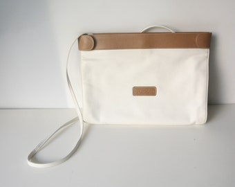 White kid leather bag, white leather shoulder bag, beige leather edges