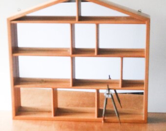 Vintage wooden mirrored notice board, in the shape of a house