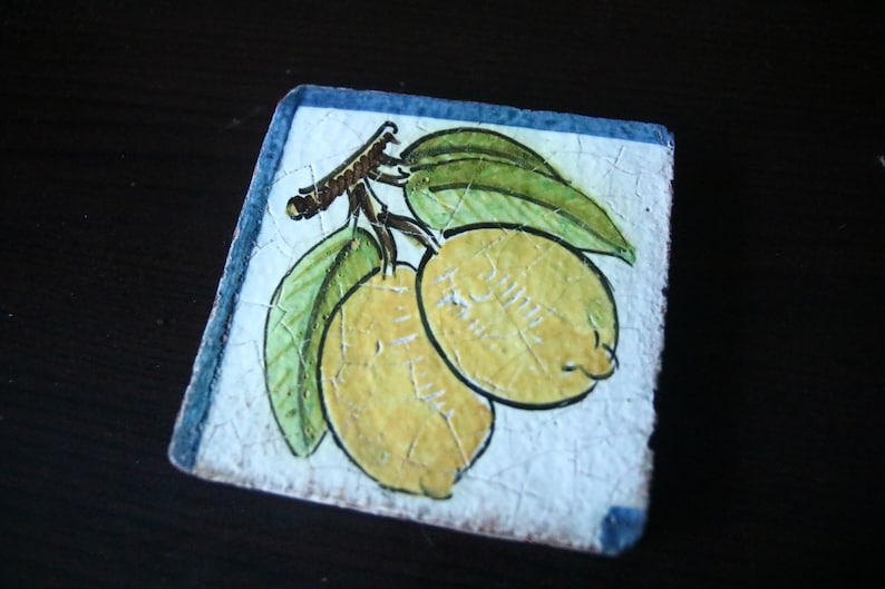 Handmade vintage ceramic tile hand-painted plants lemons citrus decoration, decorative tile image 6