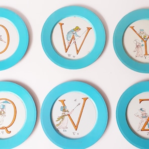 Antique Children&#39;s Plates Blue Metal Enamelled with Print, Metal Alphabet Letters, O W Y Q V Z H P N T J U The Aquarium