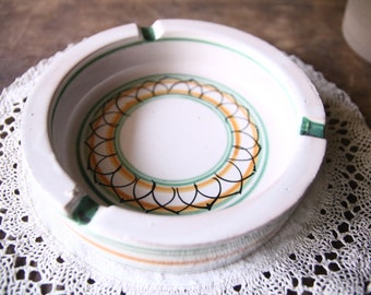 Large vintage ceramic ashtray, outdoor, garden, Italian ceramic, white and green mandala motifs