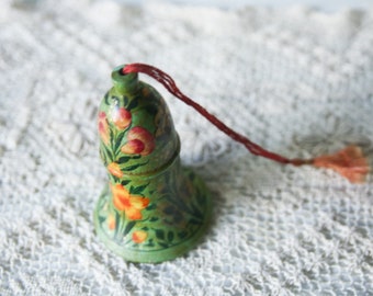 Small vintage papier-mâché bell with green and orange folk decoration, vintage folk embellishment decoration