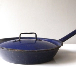 Pan with vintage blue glazed lid, blue enamel, vintage kitchen furniture, glazed pot