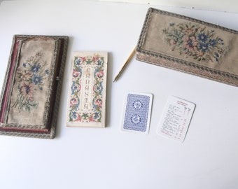 Antique canasta set, ancient card game, antique fabric set embroidered flowers and roses, antique french card game scorecard set