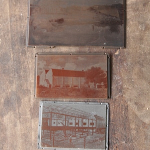 Three engraved photographic metal plates, photographic printing, architectural subjects, engravings for architectural photography printing