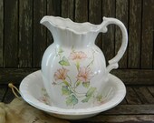 Pitcher Ewer and Wash Basin Handpainted Pink Morning Glory Flowers Leaves with Pale Green Trim