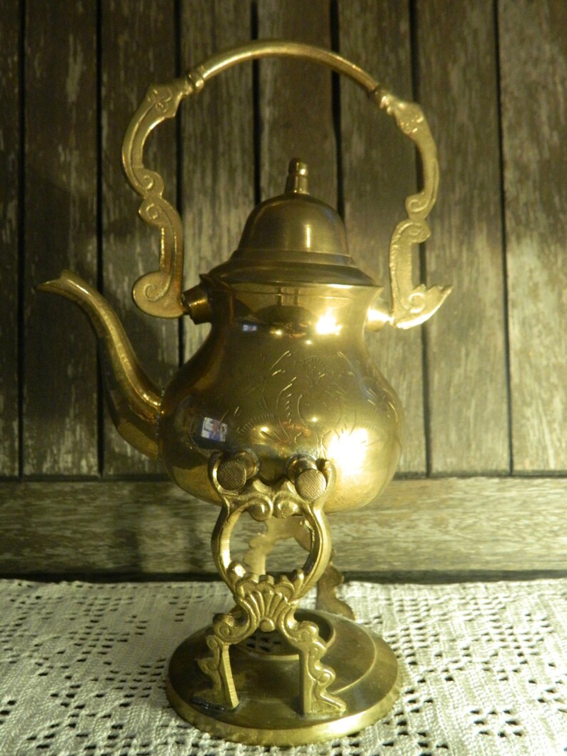 Antique Small Embossed Tilting Brass Tea Kettle with Stand and Etsy
