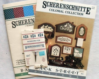 Scherenschnitte, 2 Books and Scissors, Colonial Collection, Country Print Paper, Soft Cover, 15 Designs, 6 Different colors, Starter Kit