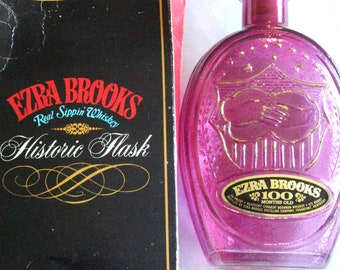 Ezra Brooks Glass Decanter-Purple-Fuchsia-Civil War Commemorative-Authentic Reproduction of Early American Whiskey Flask-Box Included-1970