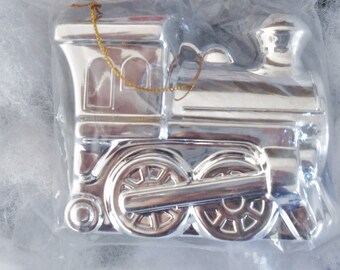 Vintage Christmas Ornament~Train Engine Ornament~1/2 Chrome Plated 1/2 Clear plastic~Holds Candy~Holds Small Toys~Surprise Ornament~NIP