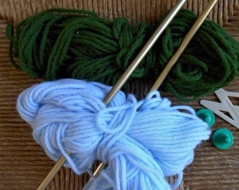 2 Partial Skeins of Yarn, Hunter Green, Sky Blue, Baby Blue, Light Blue, Vintage, Destash, Junk Journal, Crafts, Knit, Crochet