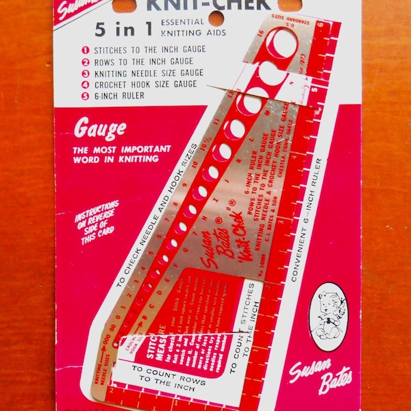 Vintage Knit-Chek, Knitting Gauge, Susan Bates, 5 in 1 Essential Knitting Aids, Stitches and Rows to the inch, Knitting Needle Size Gauge