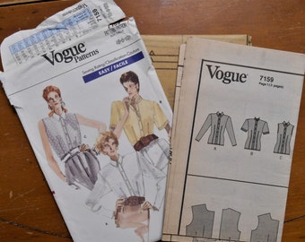 Vogue 7159, Size 6-8-10, Bust 30 1/2"-32 1/2", Sleeveless, Short Sleeves, Long Sleeves, Shoulder Pads, Button Up Front, Damaged Envelope