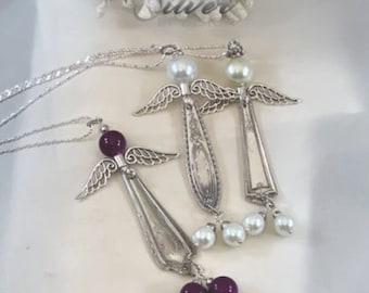 Angel Wing Silver Spoon Handle Spoon Pendant Necklace for Mom, Handmade Silverware Angel Pendant Repurposed Flatware Spoon Jewelry Gift