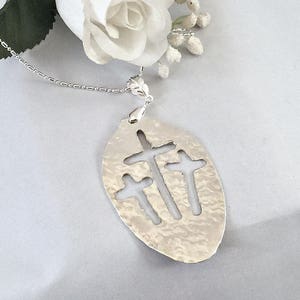 Recycled Silver Spoon Necklace 3 Crosses Pendant, Vintage Silverware Jewelry Necklace for Mom, Upcycled Spoon Pendant Necklace