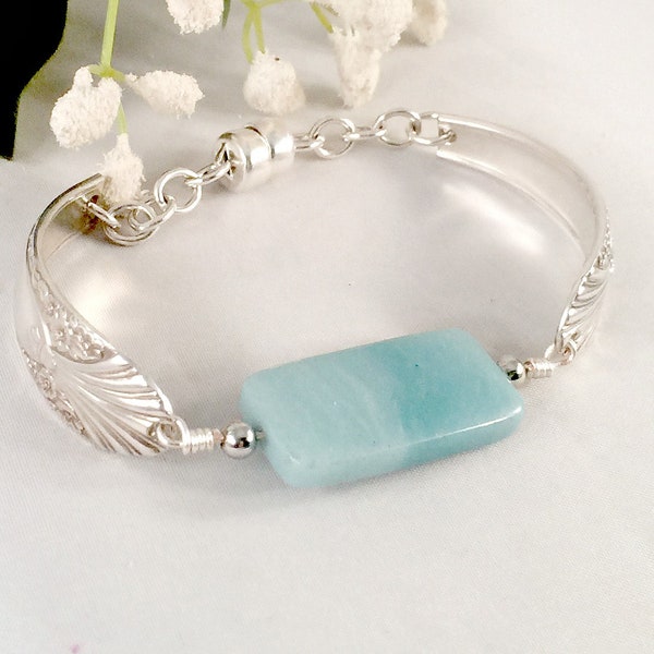 Vintage Silverware Jewelry Blue Amazonite Bracelet, Stone Bracelet Spoon Jewelry, Mother Jewelry Gift for Her, Statement Jewelry