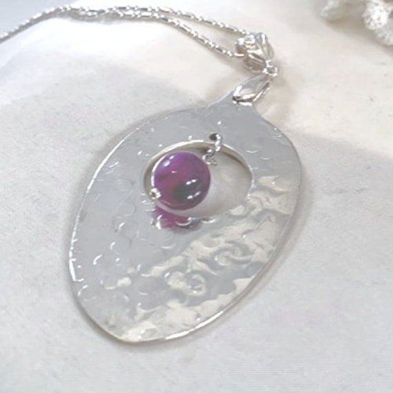 Handmade Vintage Flatware Pendant Necklace for Mom, Hammered Spoon Necklace with Pearl, Recycled Silverware Spoon Pendant, Spoon Theory Gift