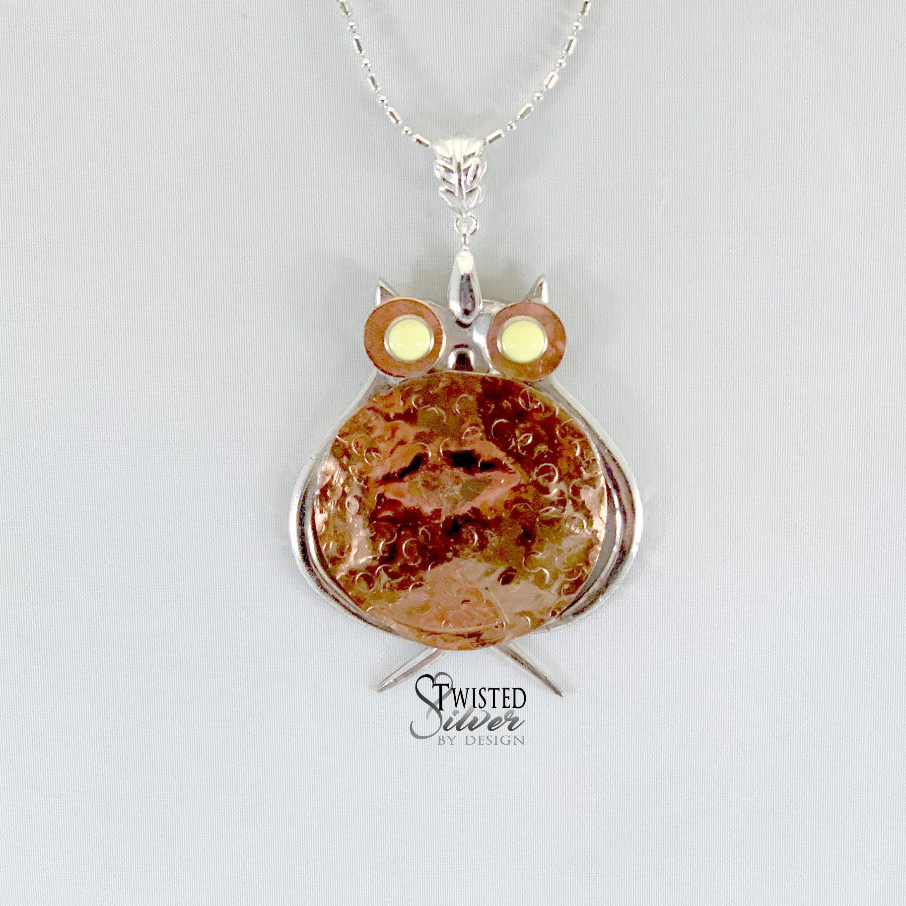 Fork Creations Silver Spoon and Fork Owl Necklace with Birthstone Rivets, Unusual Silverware Necklac