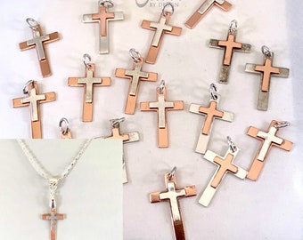 Handmade Silver Cross Mixed Metal Pendants, Handcrafted Silverware Cross Copper and Silver Necklace, Rustic Style Jewelry Metalwork Necklace