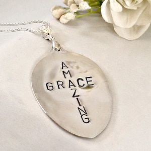 Amazing Grace Custom Hand Stamped Spoon Necklace , Vintage Silverware Necklace for Women , Christian Jewelry gift for her , Upcycled Spoon