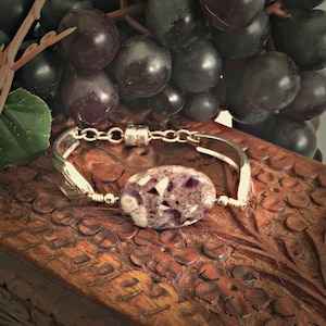 Re purposed Silver Spoon Handle with Amethyst Stone Bracelet for Women, Upcycled Vintage Silverware Jewelry Magnetic Clasp for Grandma Gift