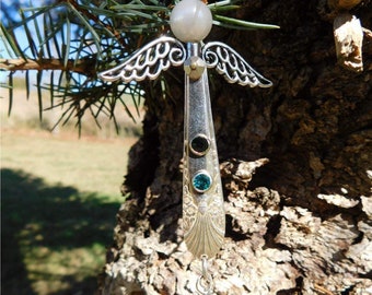 Silver Angel Wing Necklace, Personalized Guardian Angel Charm, Memorial Necklace Gift for Her, Silverware Spoon Handle Jewelry Angel Pendant