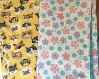 Flannel reversible receiving blankets, 36x40, kitten or floral, newborn/toddler, swaddling, nursing, baby shower, layette, warm washable,